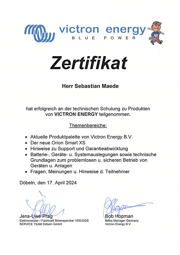 Victron Energy Vertriebspartner zertifiziert 17. April 2024