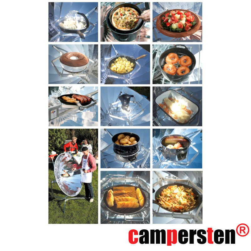 campersten® Solarkocher Sonnenkocher Sonnenofen Premium14, Kochen mit Sonnenenergie, 140cm Durchmesser (Leistung ca. 700 Watt)