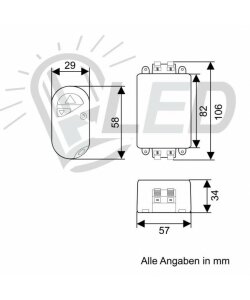 LED-Dimmer, Eingang 12-24 V DC, Ausgang 0-12 V DC, bis 8A (max. 96 W), Funk-Fernbedienung (Ein/Aus + Dimmen), Klemmanschlüsse