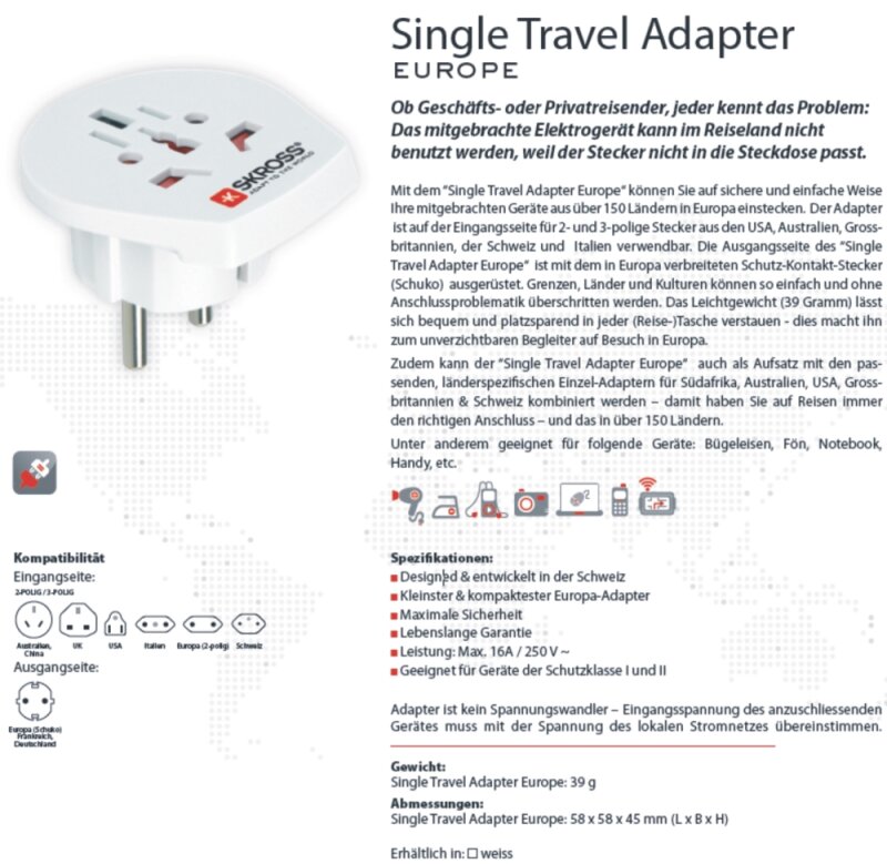 Reiseadapter Deutschland auf Belgien - Skross 1.500211 Reisestecker