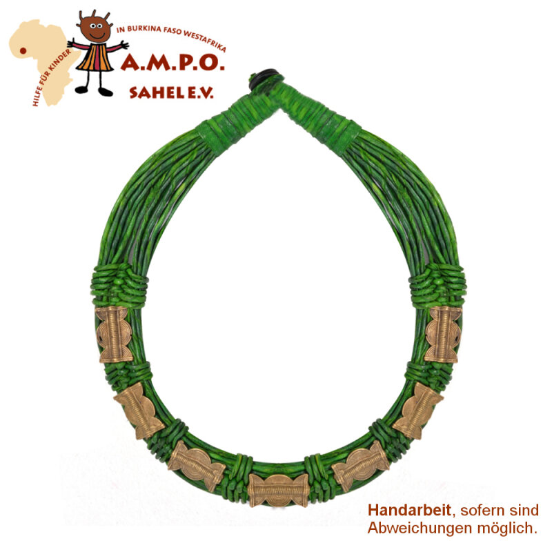 Afrikanische Kette Unikat handmade Kette Djamila, Lederkette grün/ bronze