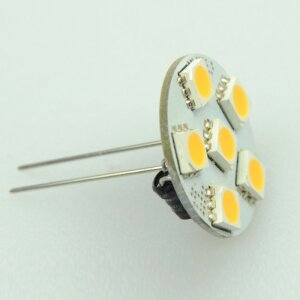 LED-Leuchtmittel, 6xLED, SMD-Modul, Anschlüsse hinten, 125°, GZ4, AC / DC 10-30 V, Verbrauch ca. 1,3 W, ca. 100 Lm, warmweiß, dimmbar, 25 mm Pins, A+