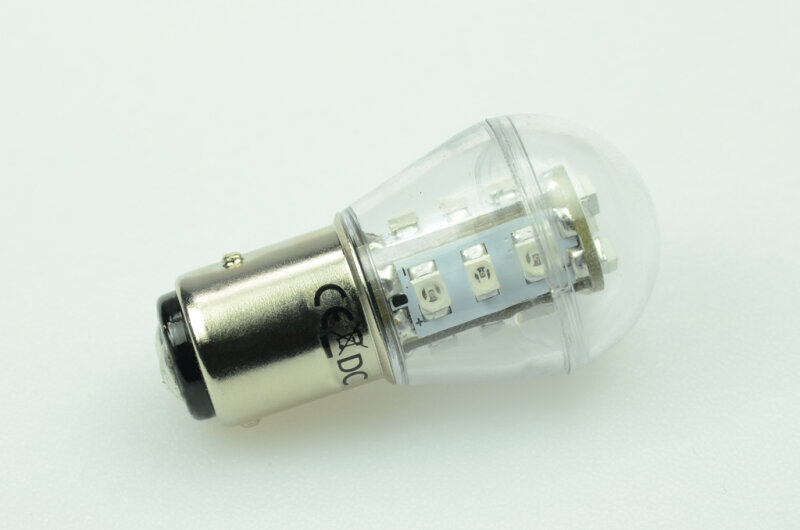 LED-Leuchtmittel, 15xSMD-LED 3528, Globe-Bajonettsockel, 300°, BAY15d, zwei Kontakte, AC 12 V / DC 10-30 V, 27 Lm, Verbrauch ca. 0,7 W, rot Spezialprodukt gemäß 244/2009 (ohne Zulassung, nur für den Export für Signalleuchten)