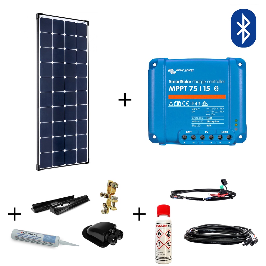 [SET150WUltraMPPTBT] 150W Wohnmobil-Solaranlage, Komplett-Set mit Hochleistungs Zellen SPR-Ultra, Victron MPPT Laderegler und Haltespoiler, am campersten®