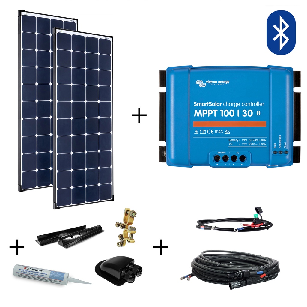 [SET300WUltraMPPTBT] 300W Wohnmobil-Solaranlage, Komplett-Set mit Hochleistungs Zellen SPR-Ultra, Victron MPPT Laderegler und Haltespoiler, am campersten®