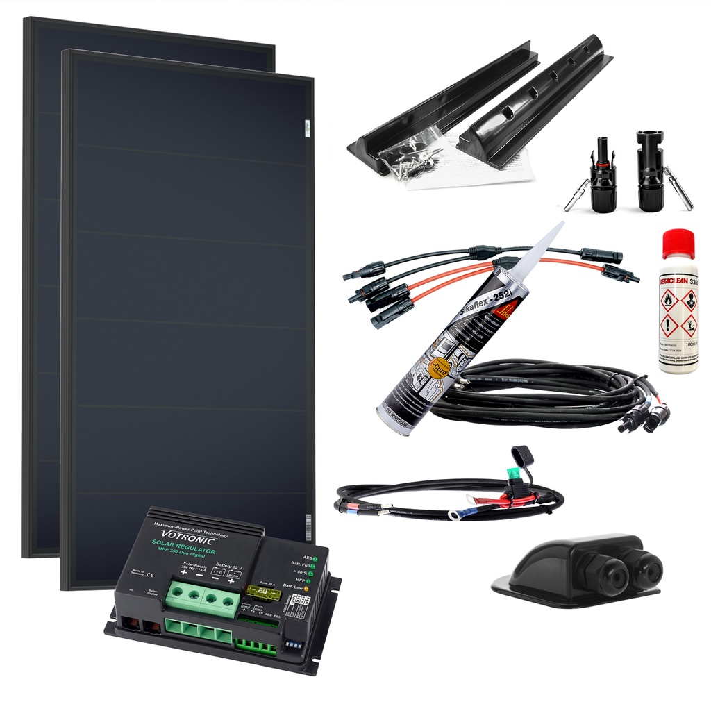 [SET200WSchindelVotronicMPPT] 200W Wohnmobil-Solaranlage, Komplett-Set mit Schindel Zellen OLP, Votronic MPPT Laderegler und Haltespoiler von campersten®