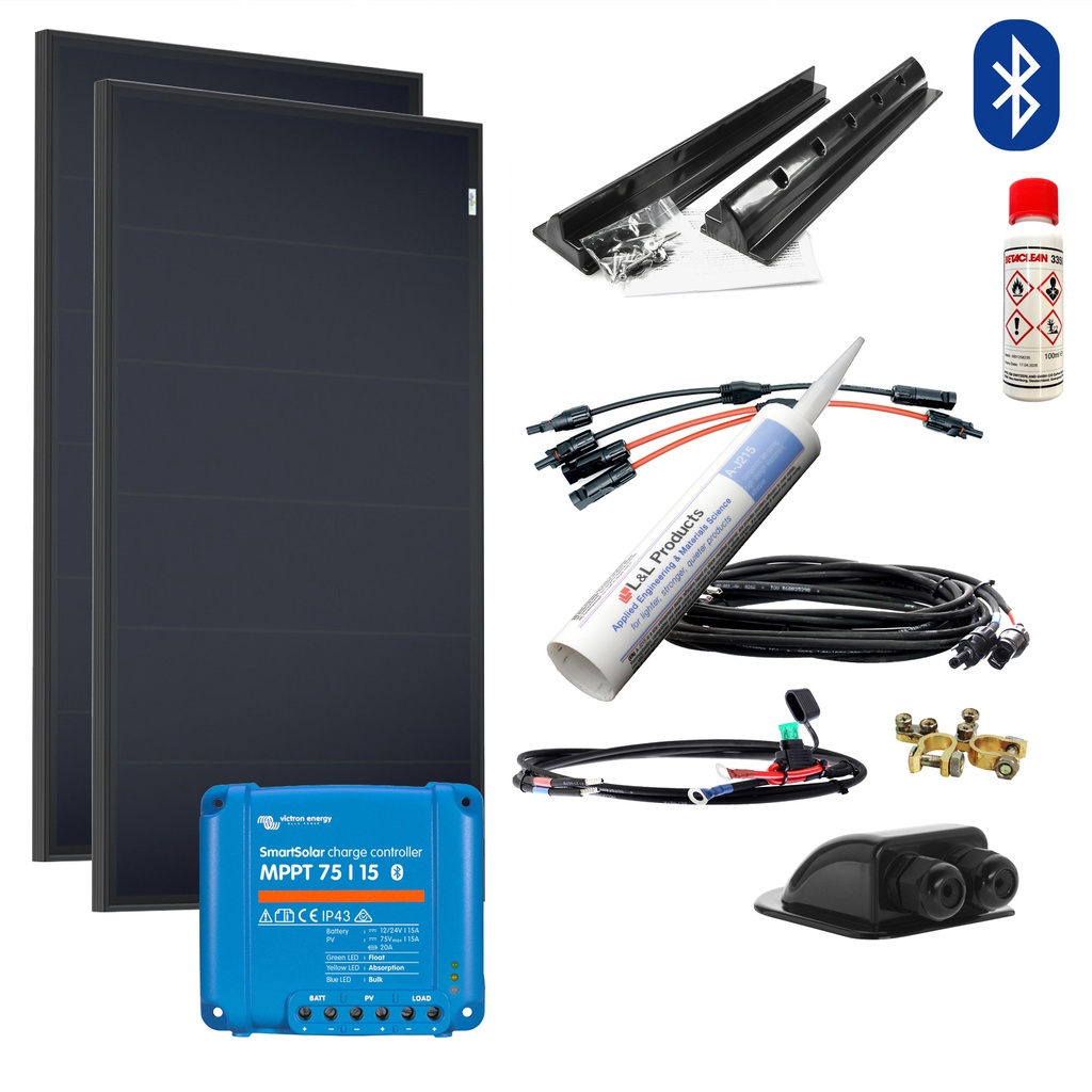 [SET200WSchindelVictronMPPT] 200W Wohnmobil-Solaranlage, Komplett-Set mit Schindel Zellen OLP, Victron MPPT BT Laderegler und Haltespoiler von campersten®