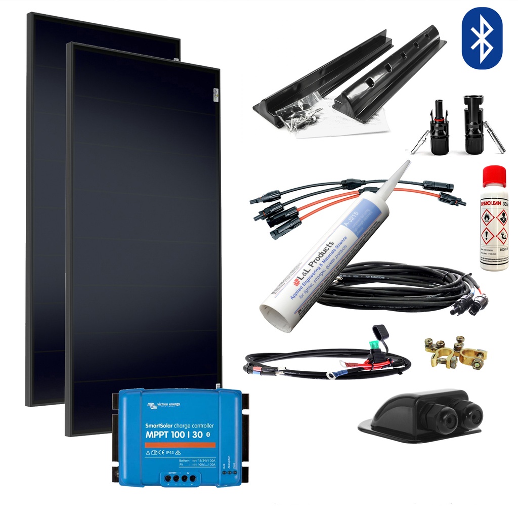 [SET310WSchindelVictronMPPT] 310W Wohnmobil-Solaranlage, Komplett-Set mit Schindel Zellen OLP, Victron MPPT BT Laderegler und Haltespoiler von campersten® - schwarz