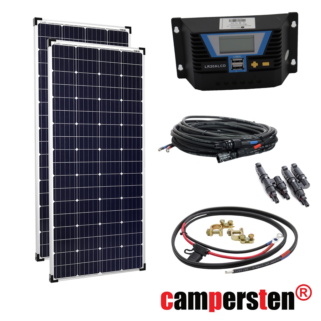 [SET360W36VPWM20] 360W 36V Solar Inselanlage Bausatz (2x180W) Solar Laderegler 20A LR20ALCD 1xUSB für 24V-Systeme
