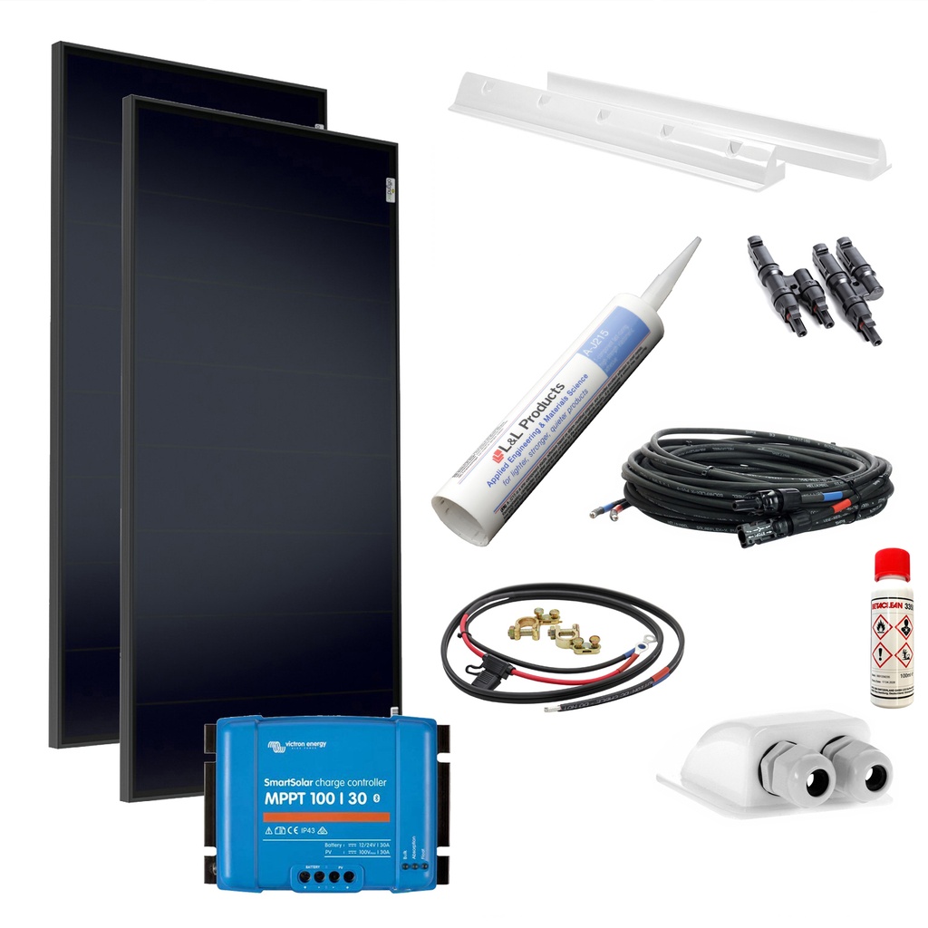 [SET310WSchindelVictronMPPTw] 310W Wohnmobil-Solaranlage, Komplett-Set mit Schindel Zellen OLP, Victron MPPT BT Laderegler und Haltespoiler von campersten® - weiß