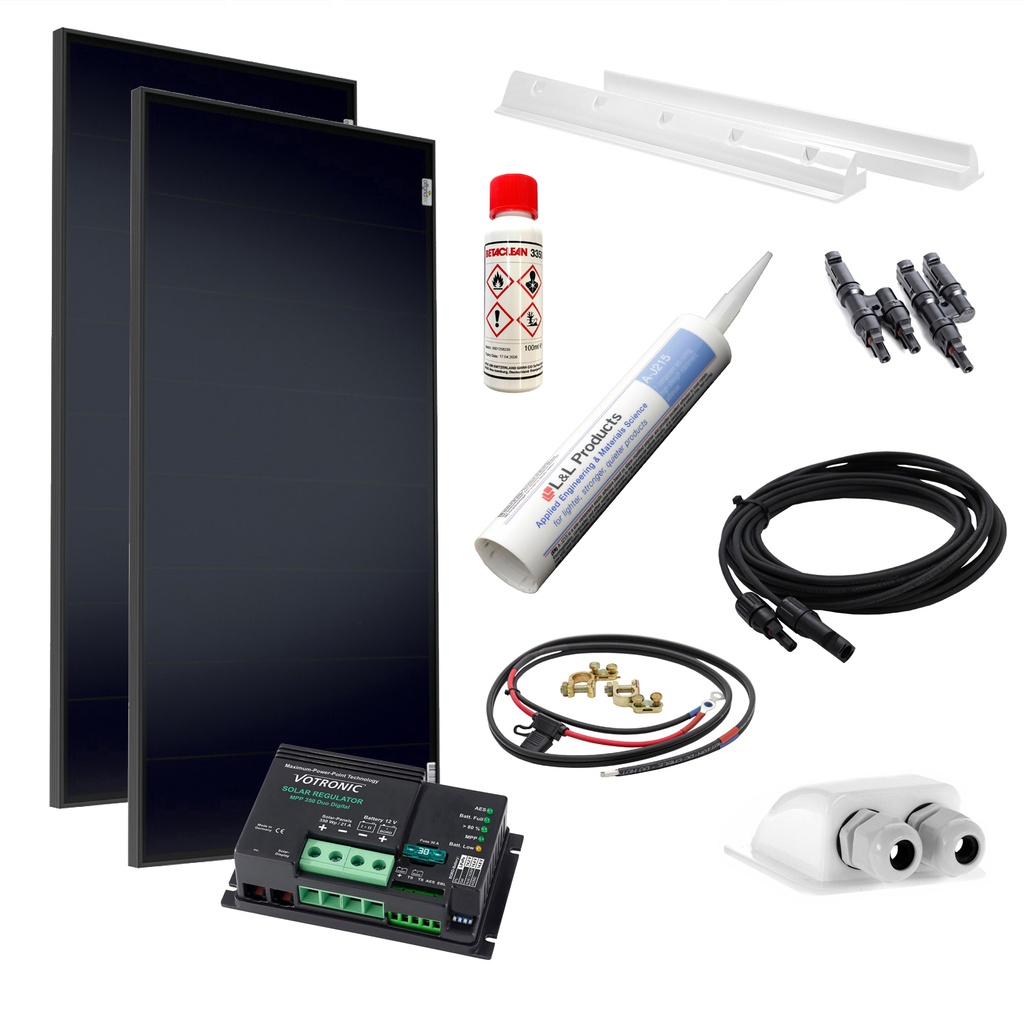 [SET310WSchindelVotronicMPPTw] 310W Wohnmobil-Solaranlage, Komplett-Set mit Schindel Zellen OLP, Votronic MPPT Laderegler und Haltespoiler von campersten® - weiß