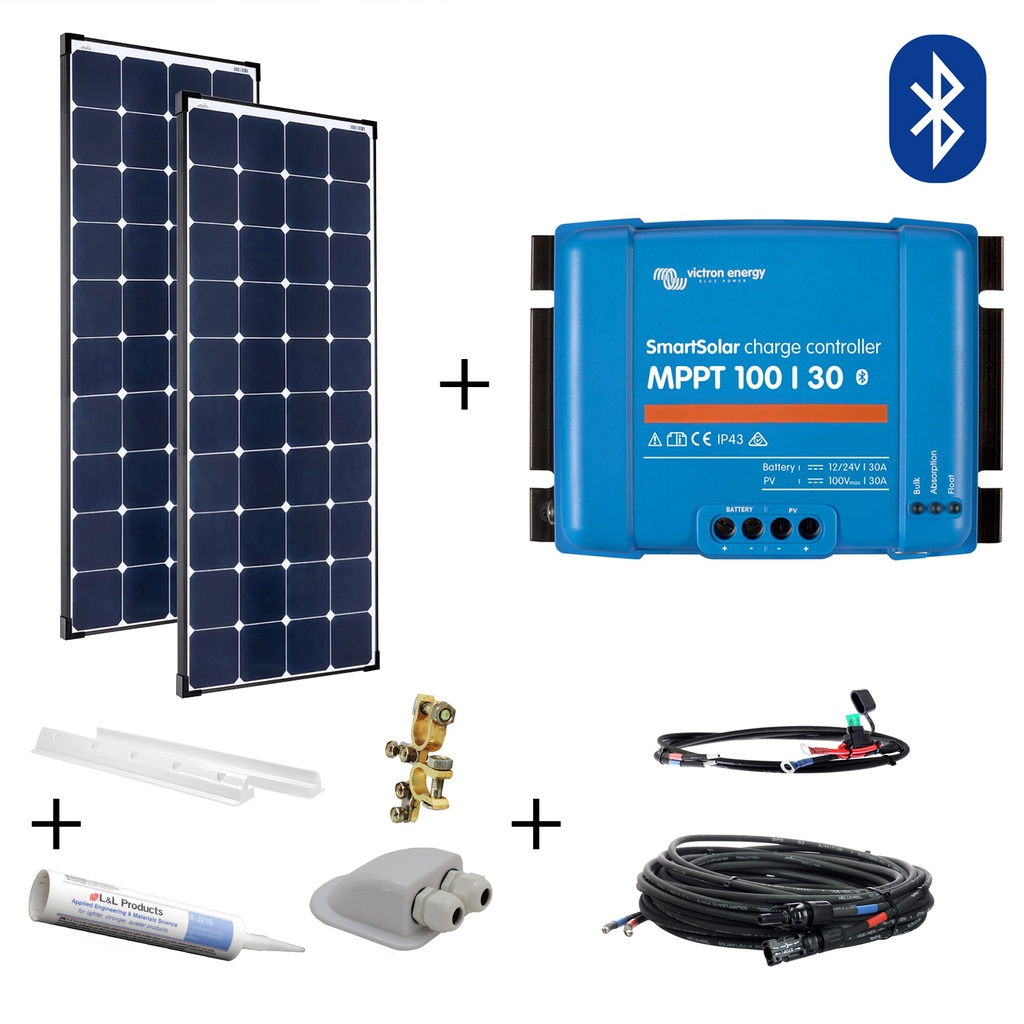 [SET300WUltraMPPTBTw] 300W Wohnmobil-Solaranlage, Komplett-Set mit Hochleistungs Zellen SPR-Ultra, Victron MPPT Laderegler und Haltespoiler weiß, am campersten®