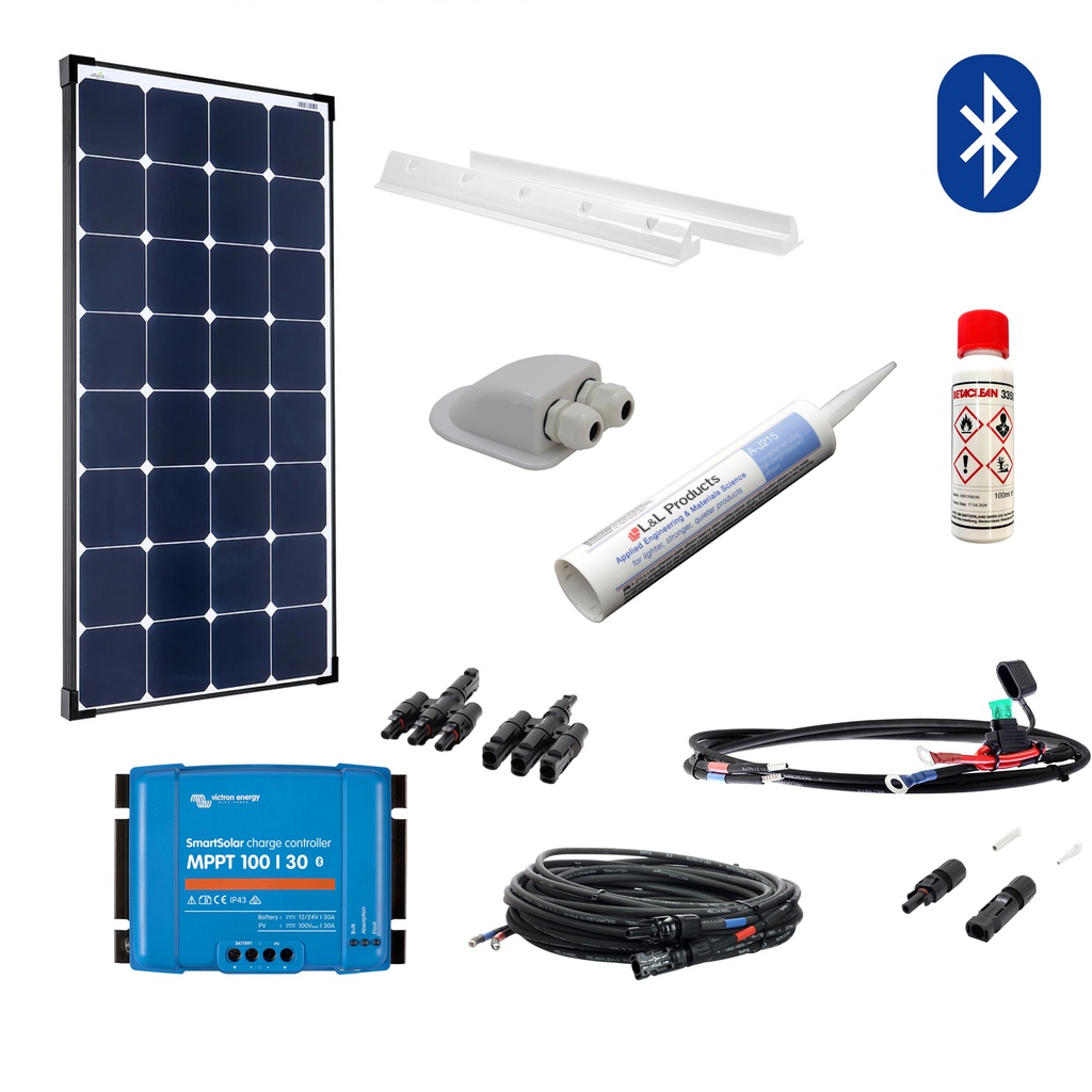 [SET3x100WUltraMPPTBTw] 300W Wohnmobil-Solaranlage, Komplett-Set mit 3 Hochleistungs Zellen SPR-Ultra, Victron MPPT Laderegler und Haltespoiler weiß, am campersten®