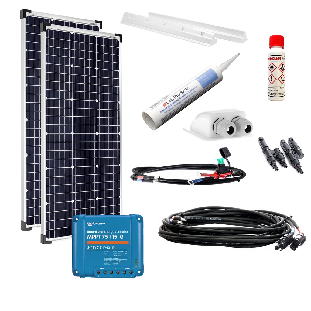 [Set200W36VmVictronMPPTw] 200W Wohnmobil-Solaranlage, Komplett-Set mit 36V-Modulen monokristalin, Victron MPPT BT Laderegler und Haltespoilern weiss, am campersten®