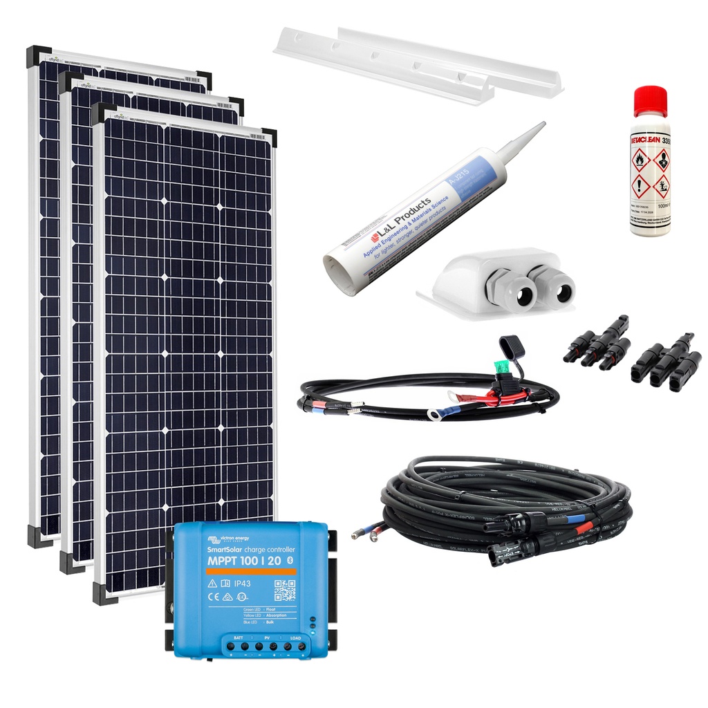 [Set300W36VmVictronMPPTw] 300W Wohnmobil-Solaranlage, Komplett-Set mit 36V-Modulen monokristalin, Victron MPPT BT Laderegler und Haltespoilern weiss, am campersten®