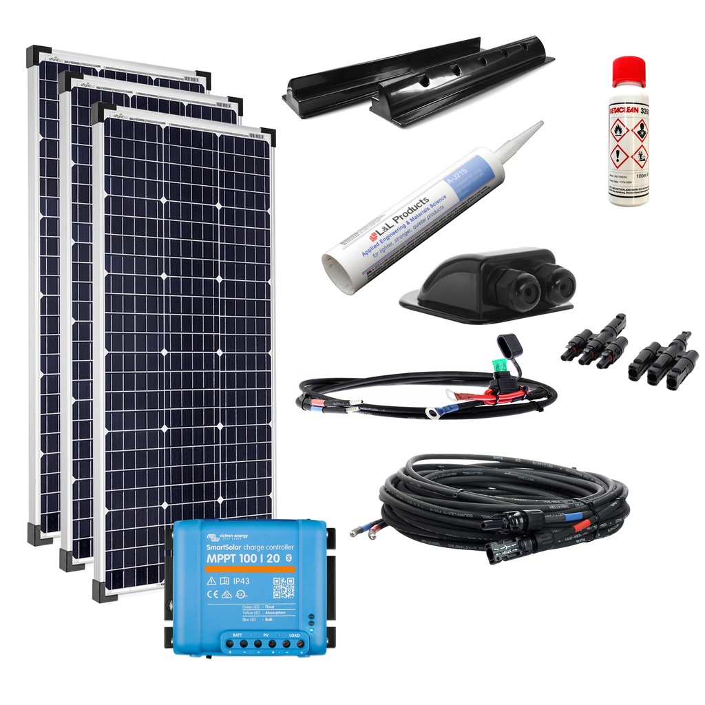 [Set300W36VmVictronMPPT] 300W Wohnmobil-Solaranlage, Komplett-Set mit 36V-Modulen monokristalin, Victron MPPT BT Laderegler und Haltespoilern schwarz, am campersten®
