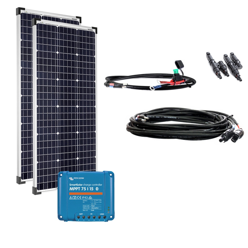 [Set200W36VmVictronMPPTi] 200W Insel-Solaranlage für 12 oder 24V Akkus, Komplett-Set mit 36V-Modulen monokristalin, Victron MPPT BT Laderegler , am campersten®