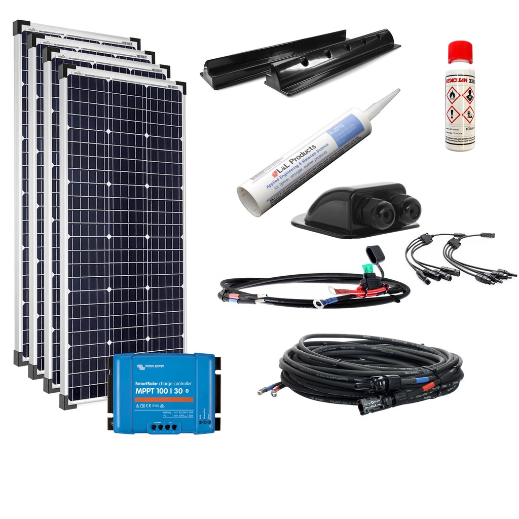 [Set400W36VmVictronMPPT] 400W Wohnmobil-Solaranlage, Komplett-Set mit 36V-Modulen monokristalin, Victron MPPT BT Laderegler und Haltespoilern schwarz, am campersten®