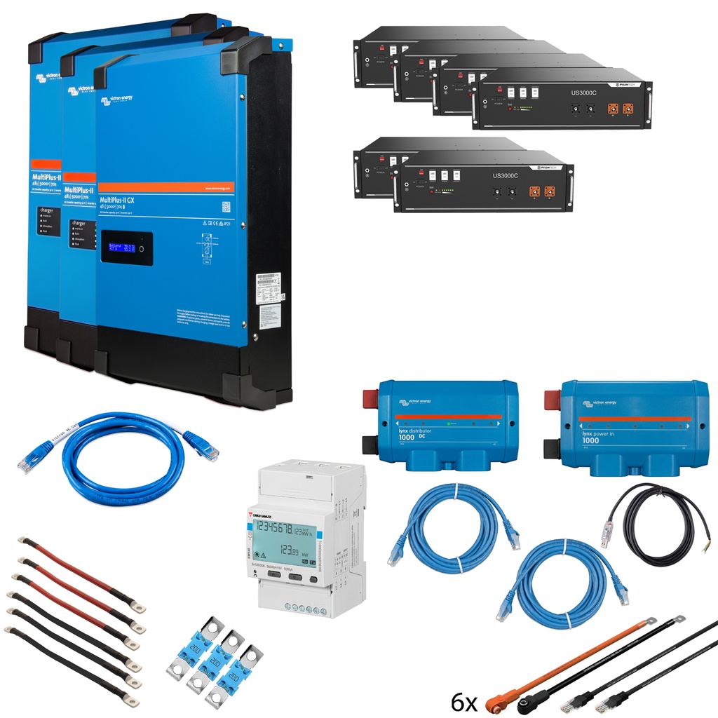 Solarspeicher Heimspeicher-System als Victron ESS 21 kWh 6x US3000C 15 kVA (3 Phasen m. 5 kVA) mit integriertem GX 1 freier DC Anschluss