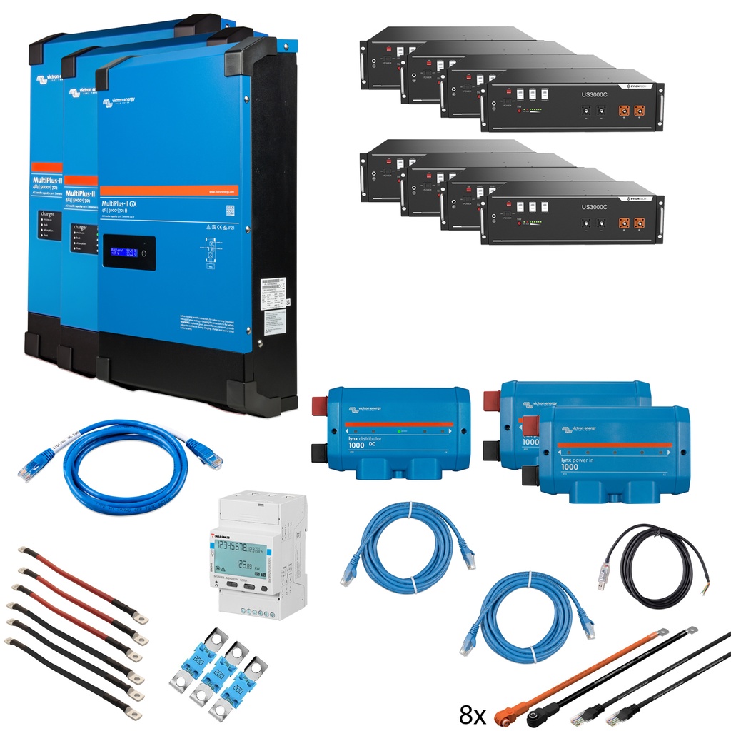 Solarspeicher Heimspeicher-System als Victron ESS 28 kWh 8x US3000C 15 kVA (3 Phasen m. 5 kVA) mit integriertem GX 1 freier DC Anschluss