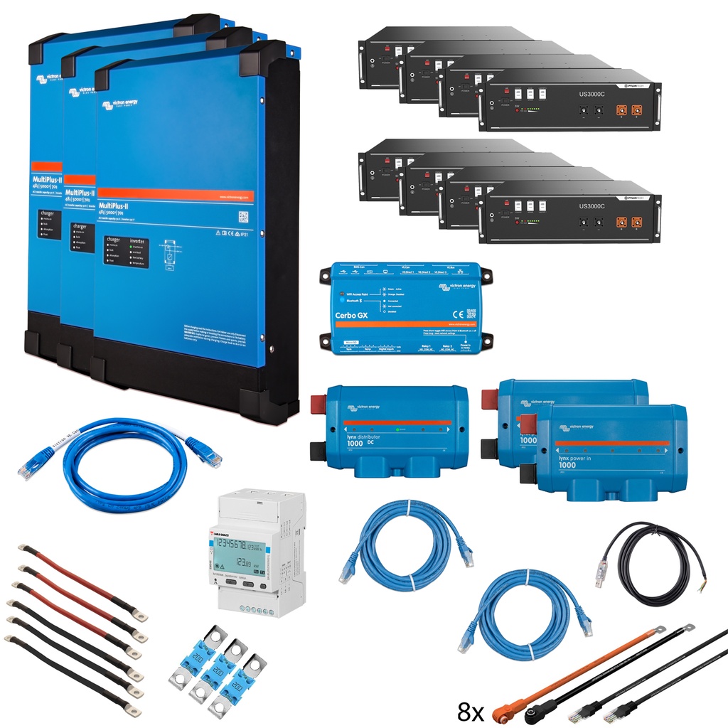Solarspeicher Heimspeicher-System als Victron ESS 28 kWh 8x US3000C 15 kVA (3 Phasen m. 5 kVA) mit Cerbo GX 1 freier DC Anschluss