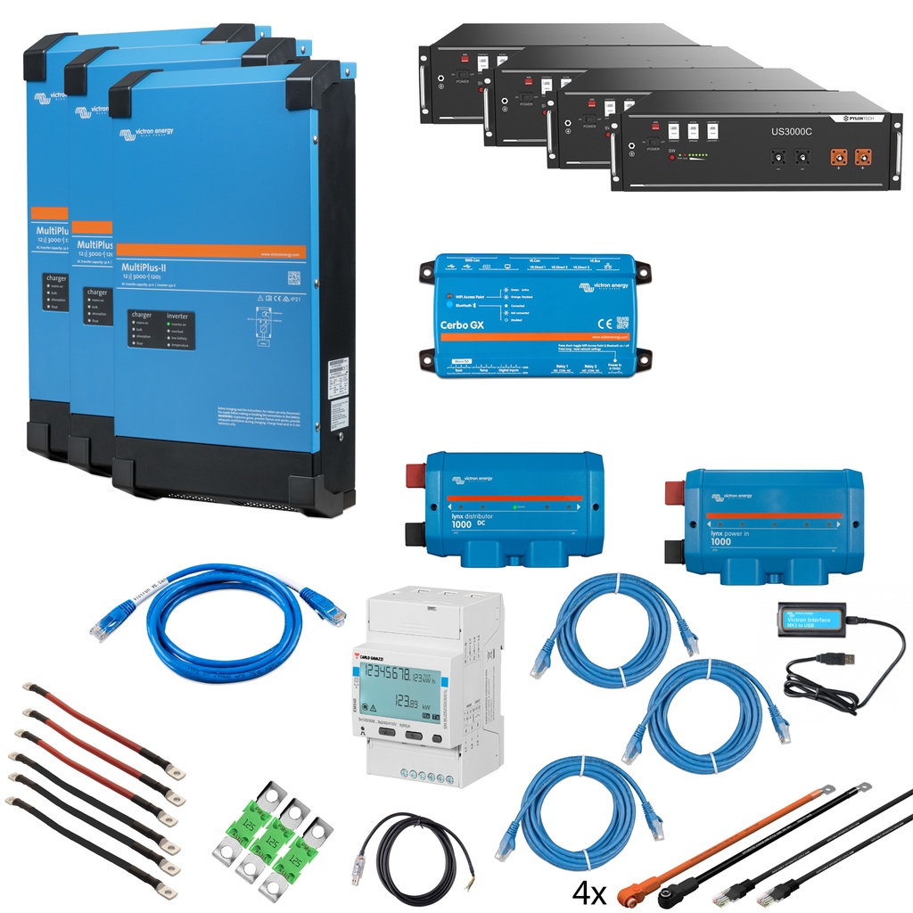 Solarspeicher Heimspeicher-System als Victron ESS 14 kWh 4x US3000C 9 kVA (3 Phasen m. 3 kVA)  mit Cerbo GX 1 freier DC Anschluss