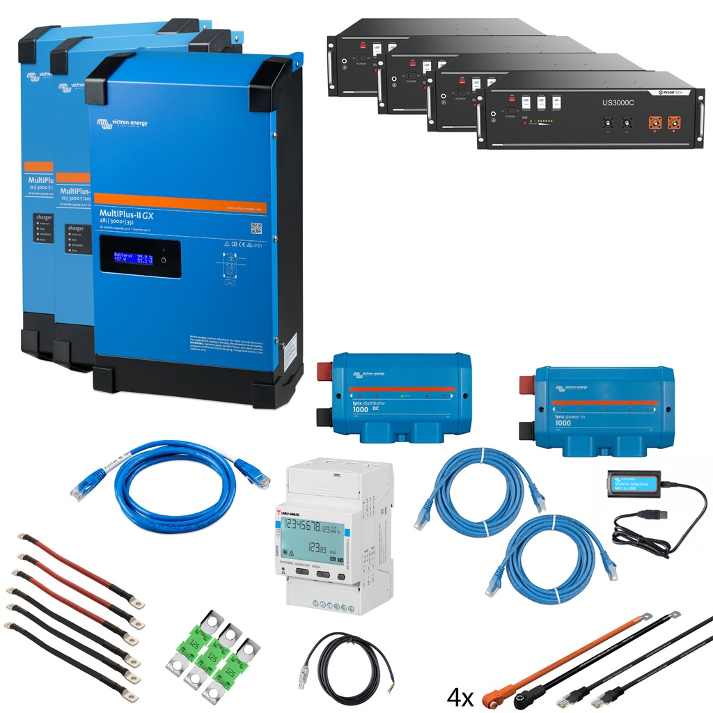 Solarspeicher Heimspeicher-System als Victron ESS 14 kWh 4x US3000C 9 kVA (3 Phasen m. 3 kVA)  mit integriertem GX 1 freier DC Anschluss