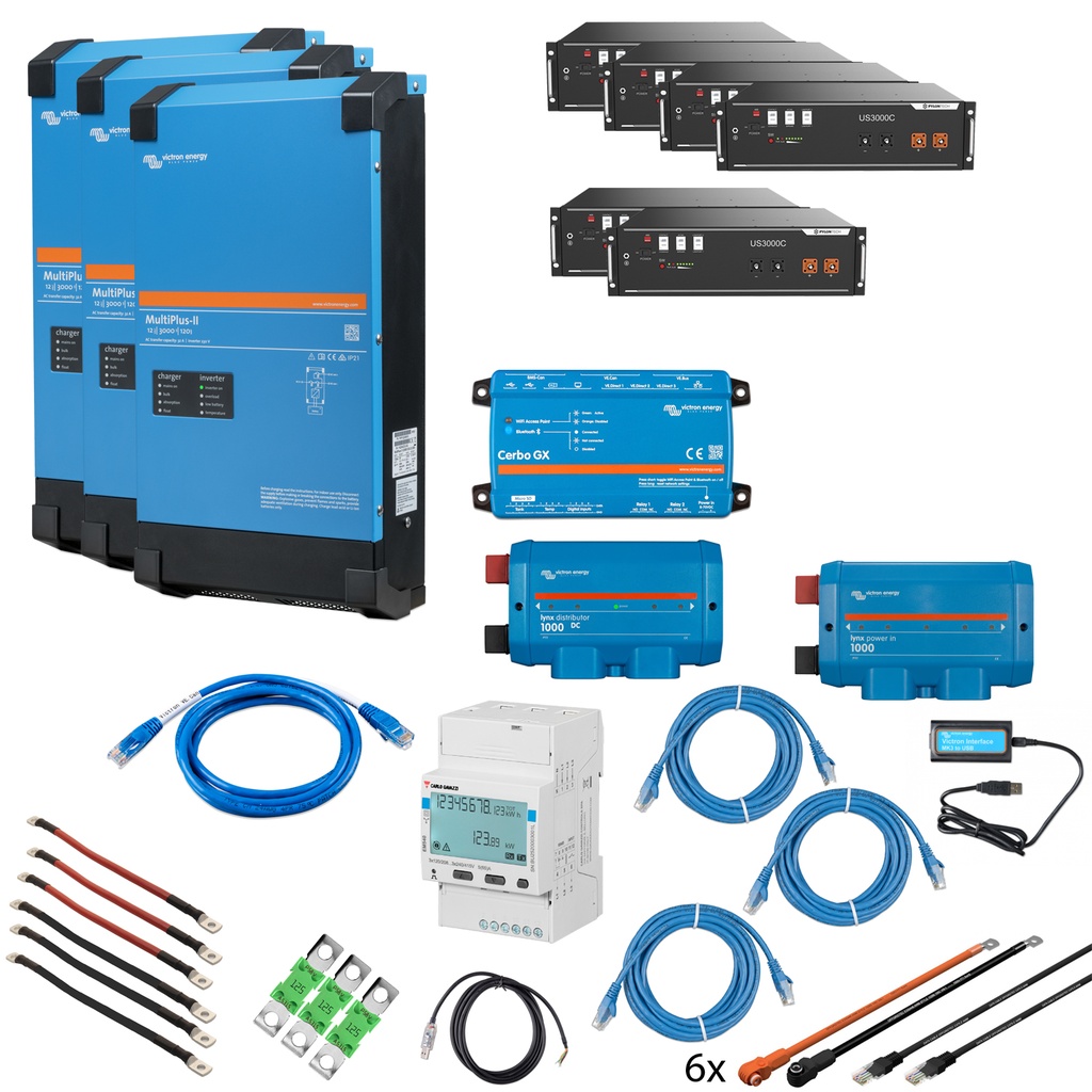 Solarspeicher Heimspeicher-System als Victron ESS 21 kWh 6x US3000C 9 kVA (3 Phasen m. 3 kVA) mit Cerbo GX 1 freier DC Anschluss