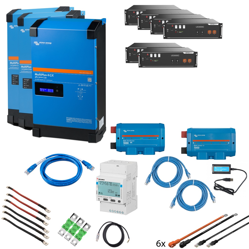 Solarspeicher Heimspeicher-System als Victron ESS 21 kWh 6x US3000C 9 kVA (3 Phasen m. 3 kVA) mit integriertem GX 1 freier DC Anschluss