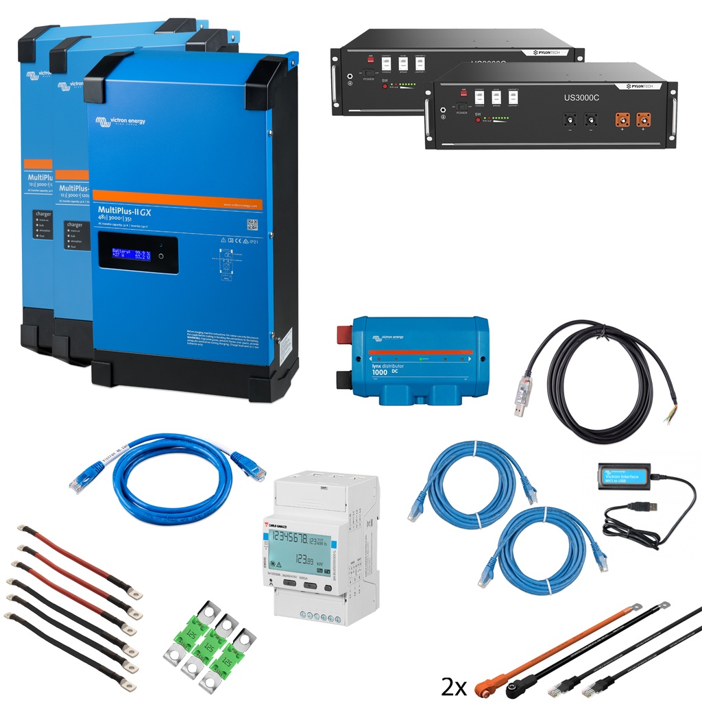 Solarspeicher Heimspeicher-System als Victron ESS 7 kWh 2x US3000C 9 kVA (3 Phasen m. 3 kVA) mit integriertem GX 1 freier DC Anschluss