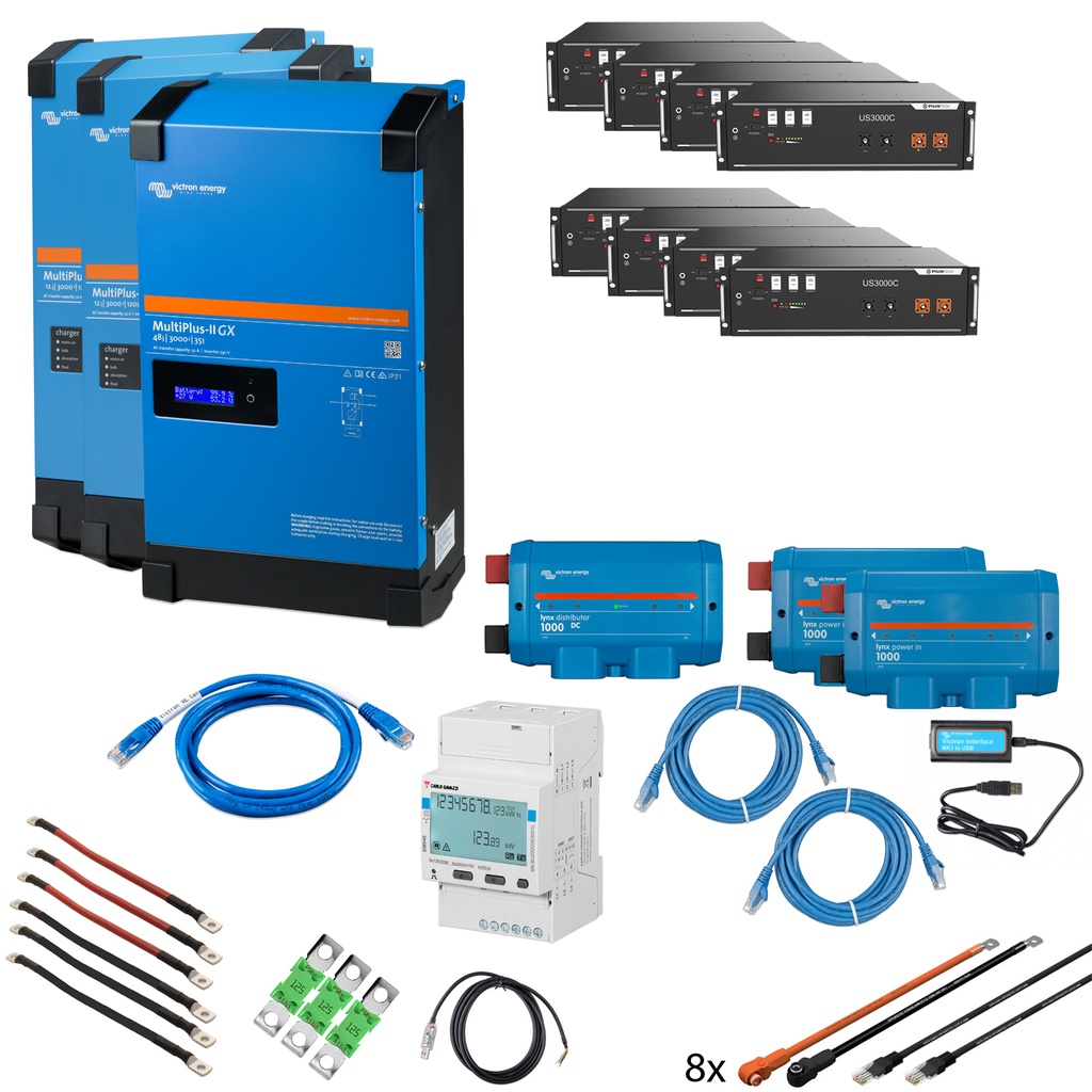 Solarspeicher Heimspeicher-System als Victron ESS 28 kWh 8x US3000C 9 kVA (3 Phasen m. 3 kVA) mit integriertem GX 1 freier DC Anschluss