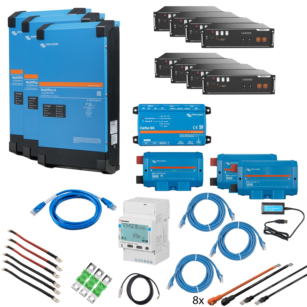 Solarspeicher Heimspeicher-System als Victron ESS 28 kWh 8x US3000C 9 kVA (3 Phasen m. 3 kVA) mit Cerbo GX 1 freier DC Anschluss