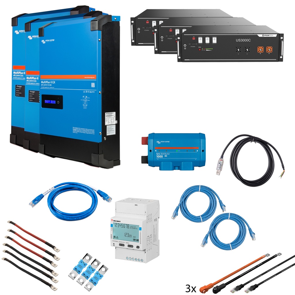 Solarspeicher Heimspeicher-System als Victron ESS 10,5 kWh 3x US3000C 15 kVA (3 Phasen m. 5 kVA) mit integriertem GX 1 freier DC Anschluss