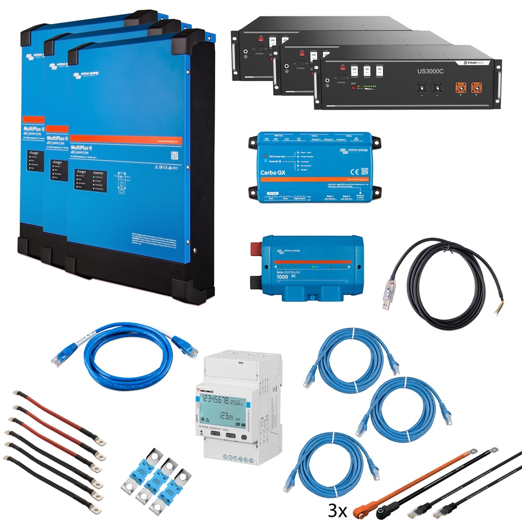 Solarspeicher Heimspeicher-System als Victron ESS 10,5 kWh 3x US3000C 15 kVA (3 Phasen m. 5 kVA) mit Cerbo GX 1 freier DC Anschluss