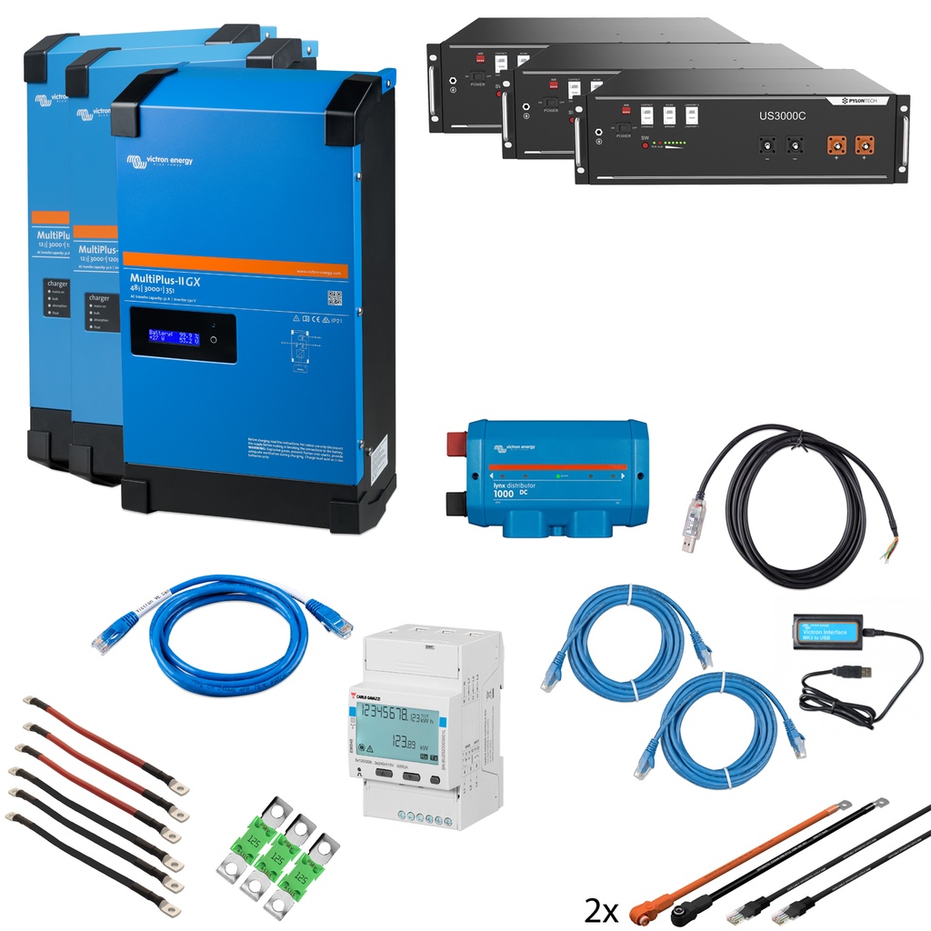 Solarspeicher Heimspeicher-System als Victron ESS 10,5 kWh 3x US3000C 9 kVA (3 Phasen m. 3 kVA) integriert GX 1 freier DC Anschluss