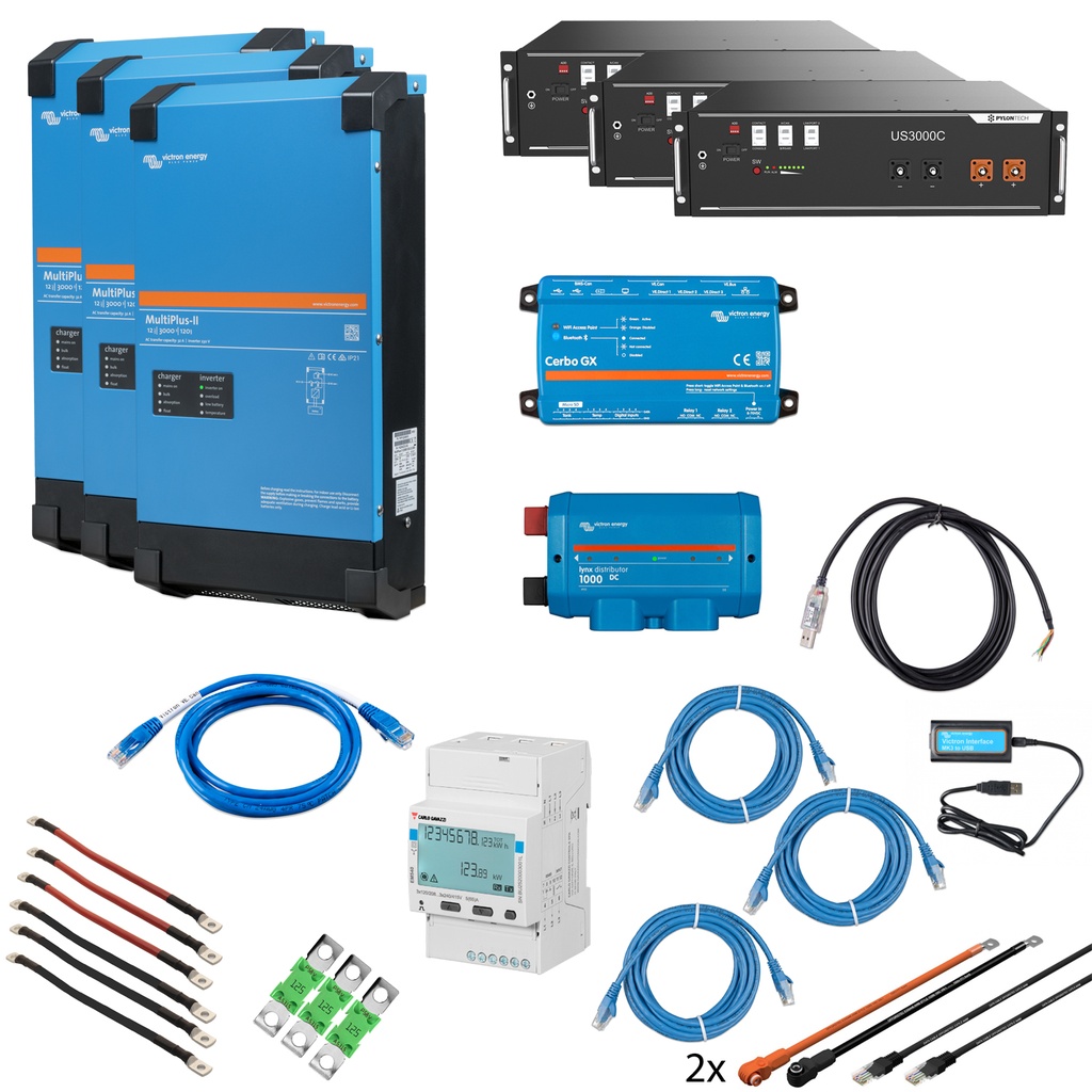 Solarspeicher Heimspeicher-System als Victron ESS 10,5 kWh 3x US3000C 9 kVA (3 Phasen m. 3 kVA) mit Cerbo GX 1 freier DC Anschluss
