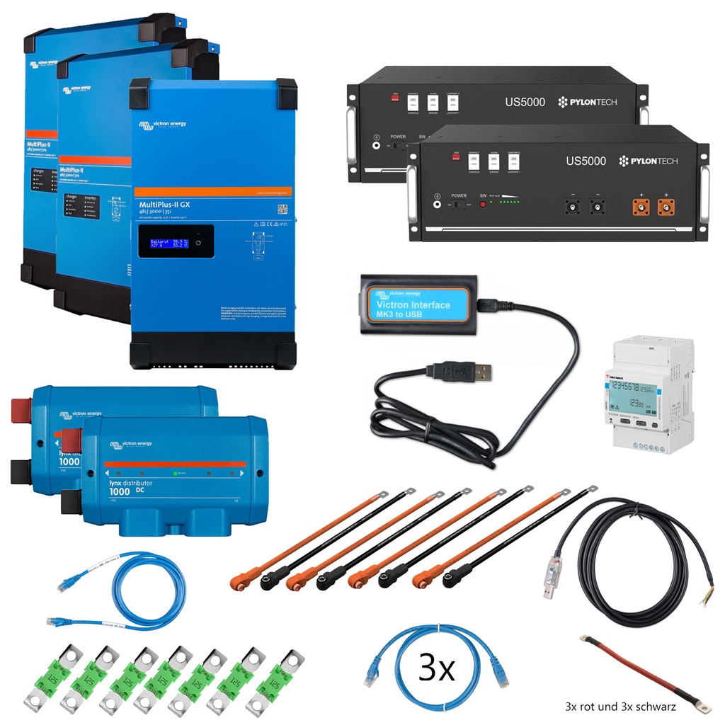 Solarspeicher Heimspeicher-System als Victron ESS 9,6 kWh 2x US5000 9 kVA (3 Phasen m. 3 kVA) mit intergriertem GX, 1 freier DC Anschluss