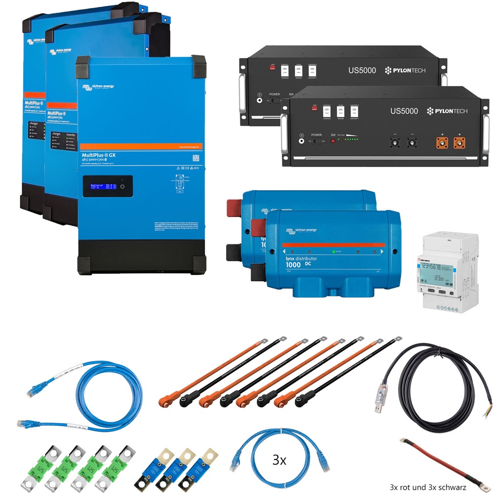 Solarspeicher Heimspeicher-System als Victron ESS 9,6 kWh 2x US5000 15 kVA (3 Phasen m. 5 kVA) mit integriertem GX, 1 freier DC Anschluss