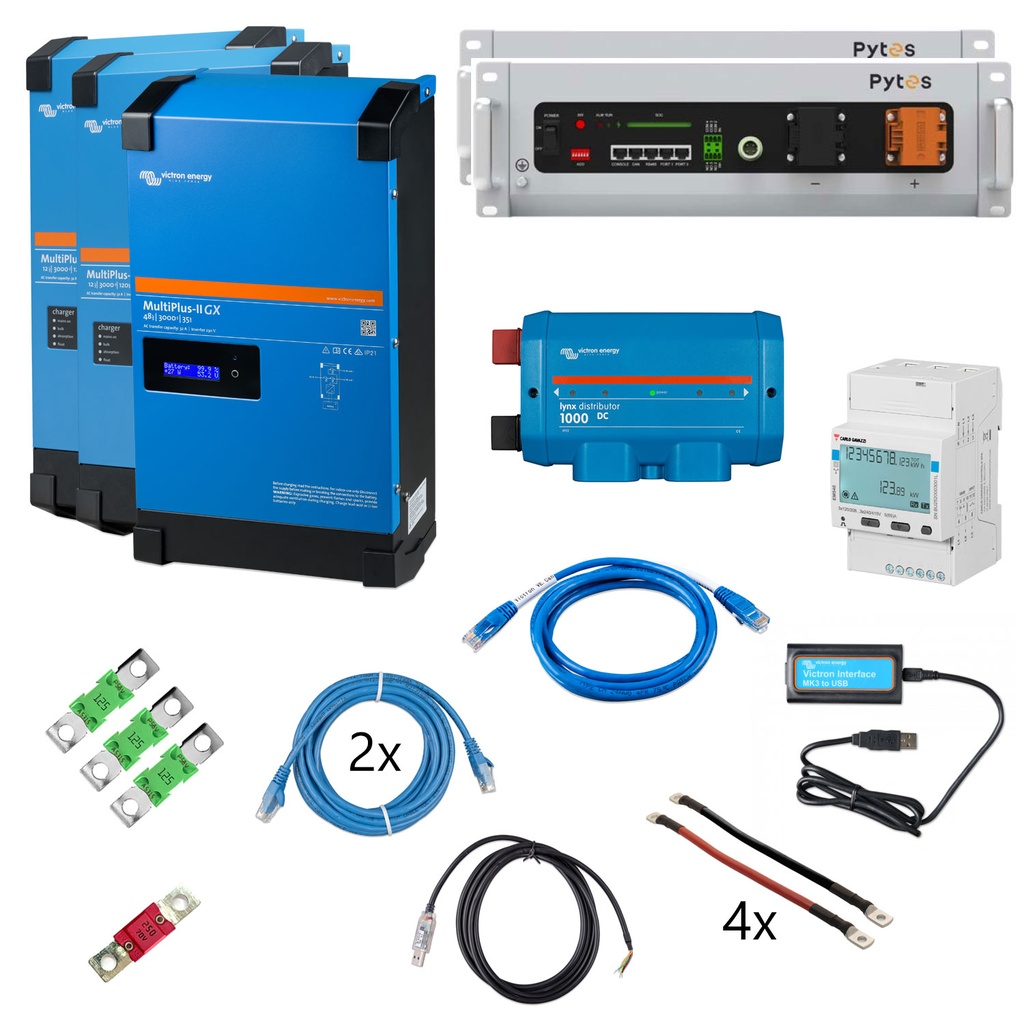 Solarspeicher Heimspeicher-System als Victron ESS 10,24 kWh 2x Pytes V5 9 kVA (3 Phasen m. 3 kVA) mit integriertem Cerbo GX 1 freier DC Anschluss