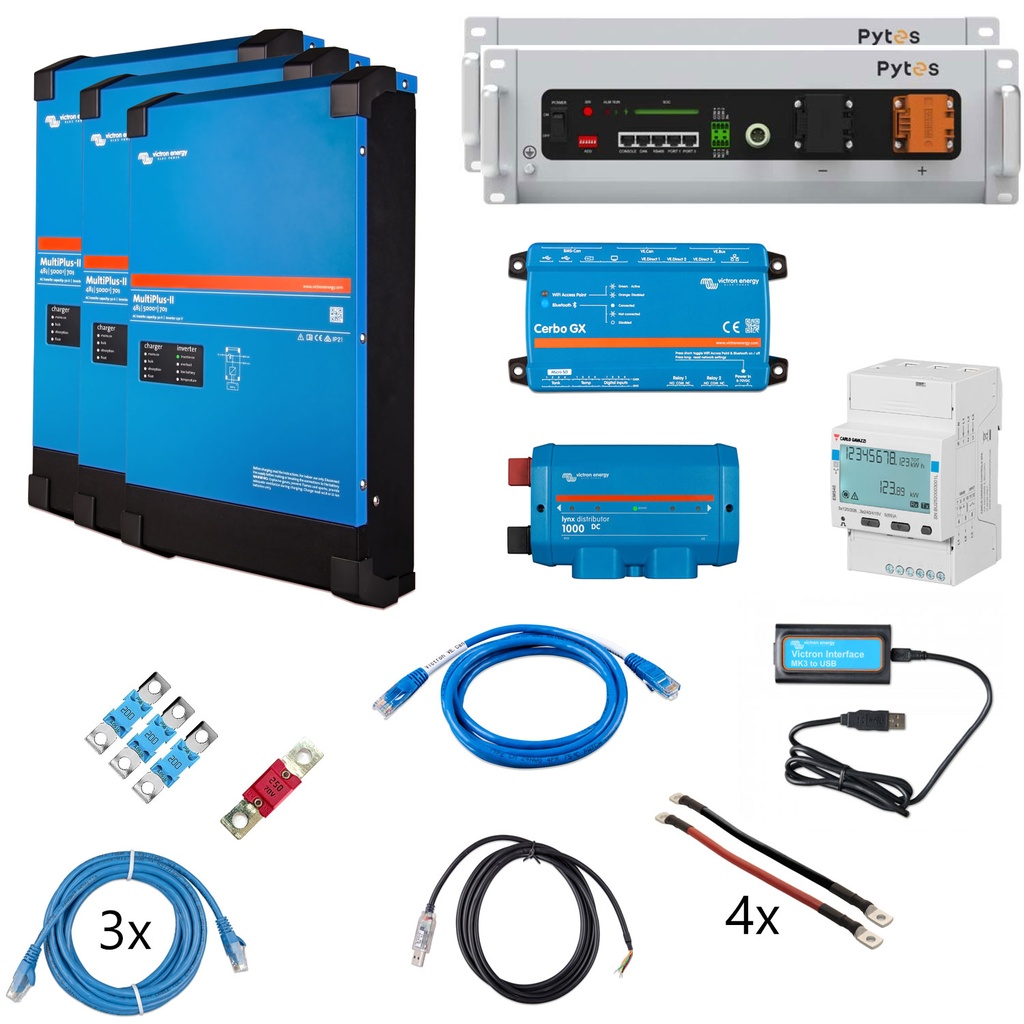 Solarspeicher Heimspeicher-System als Victron ESS 10,24 2x Pytes V5 15 kVA (3 Phasen m. 5 kVA) mit Cerbo GX 1 freier DC Anschluss
