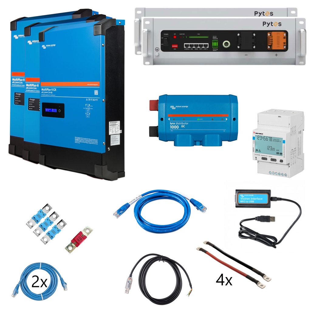 Solarspeicher Heimspeicher-System als Victron ESS 10,24 2x Pytes V5 15 kVA (3 Phasen m. 5 kVA) mit integriertem Cerbo GX 1 freier DC Anschluss