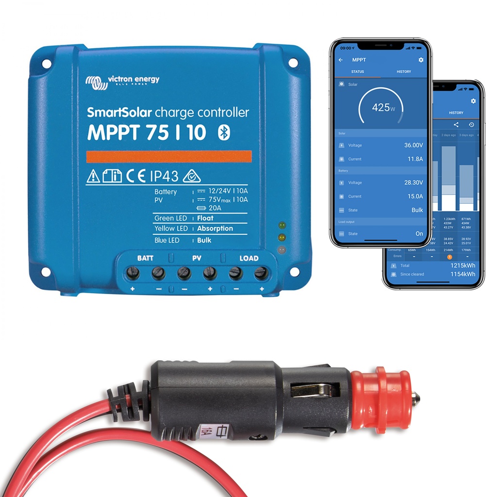 MPPT-Laderegler für Zigarettenanzünder - Set aus Victron SmartSolar MPPT 75/10 Laderegler und Anschlusskabel an KFZ 12V Zigarettenanzünder Bluetooth integriert