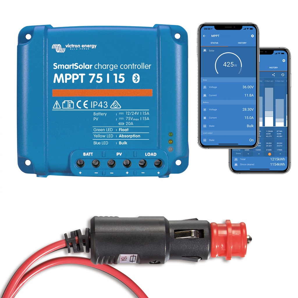 MPPT-Laderegler für Zigarettenanzünder - Set aus Victron SmartSolar MPPT 75/15 Laderegler und Anschlusskabel an KFZ 12V Zigarettenanzünder Bluetooth integriert mit Anderson Anschluss